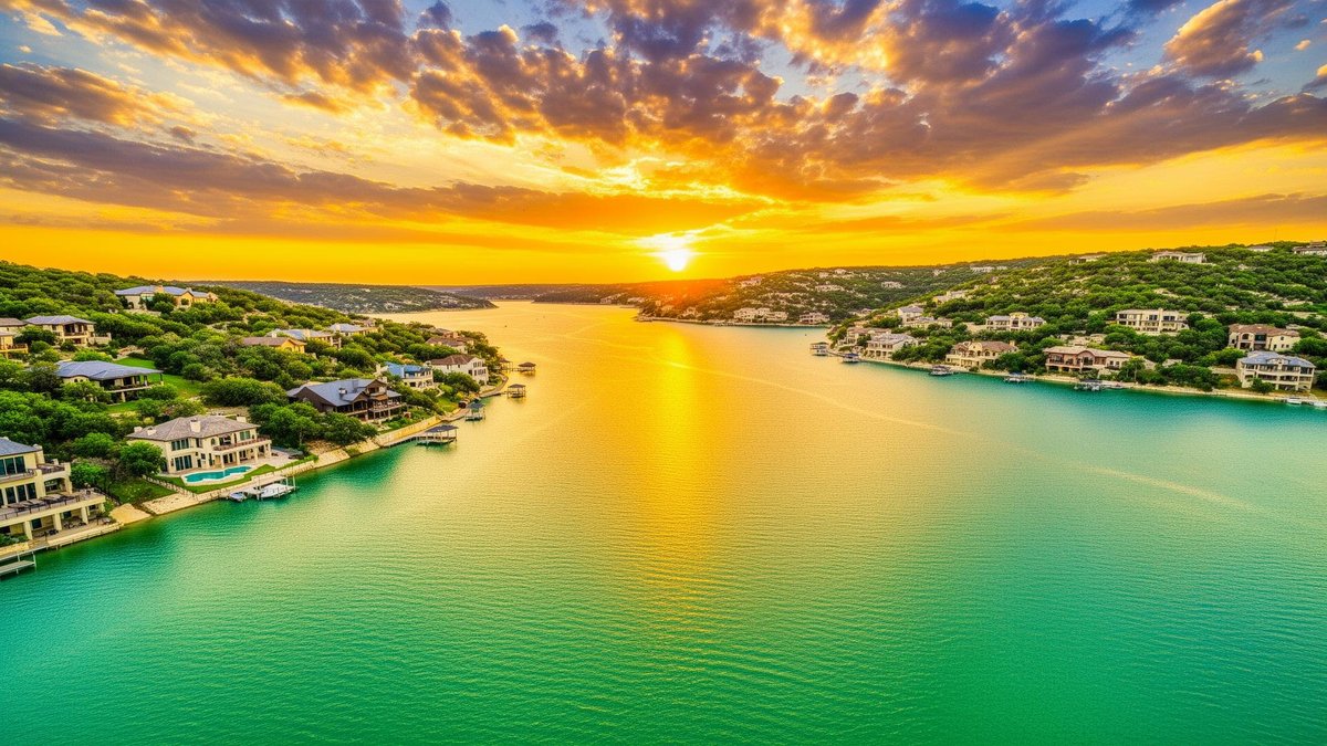 Aerial view of Lake Travis at sunset with waterfront homes and golden sky